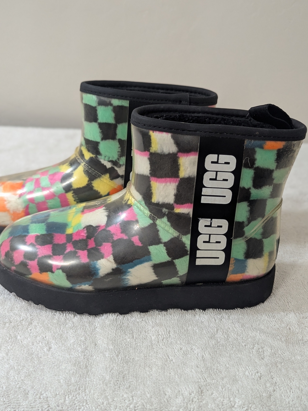 UGG Multicolor Check Print Waterproof Rain Boots - Black Trim